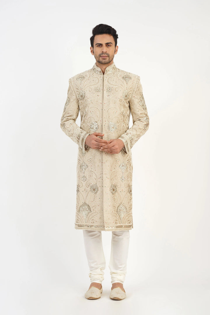 Light Beige Pearl Embroidered Sherwani Set