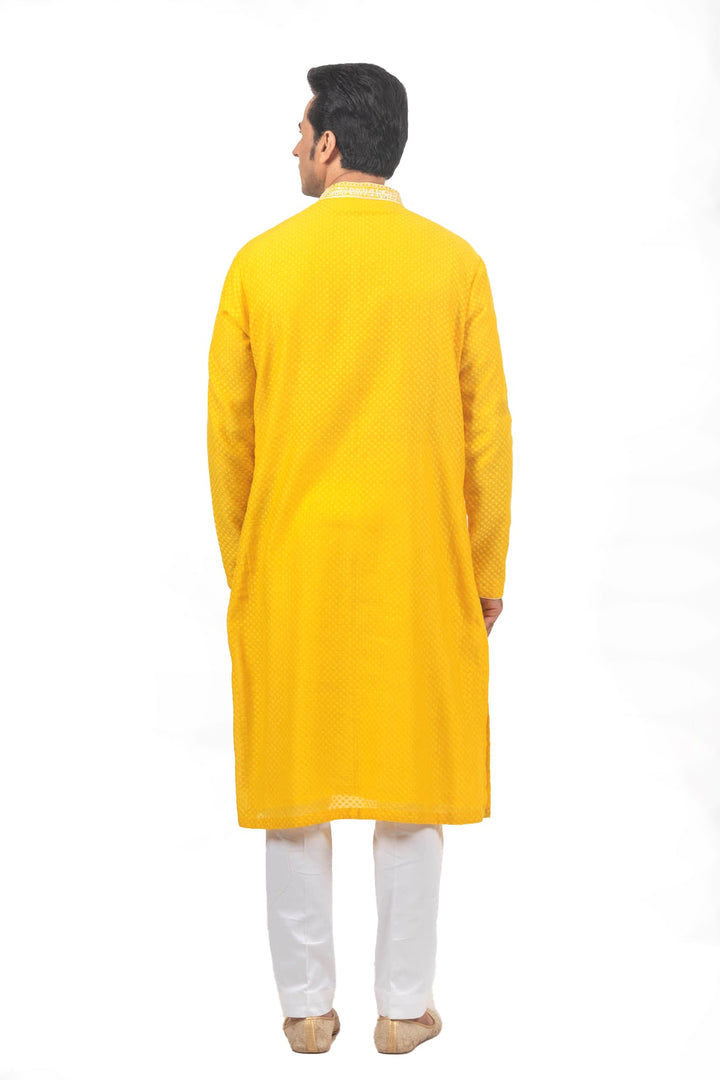 Bright Yellow Benarsi Booti Kurta with Intricate Hand Embroidered Neckline