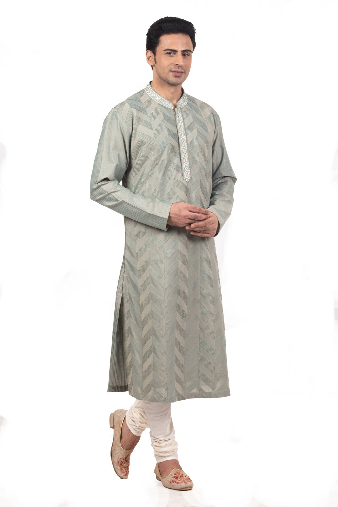 Greyish Green Pintuck Kurta with Hand-embroidered Collar And Placket