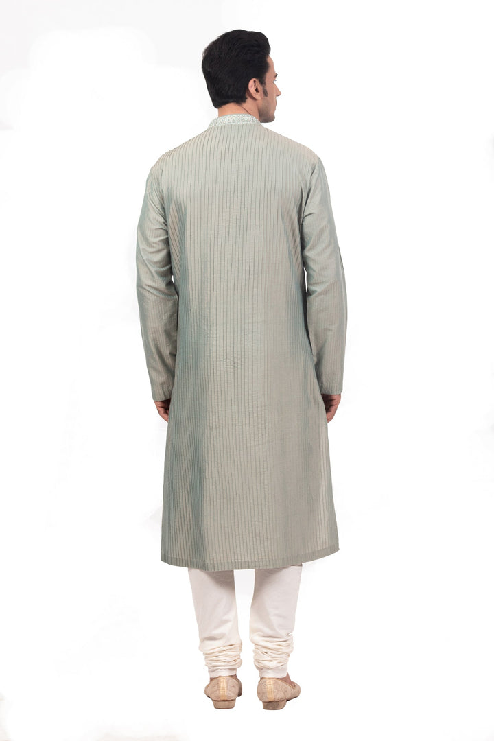 Greyish Green Pintuck Kurta with Hand-embroidered Collar And Placket