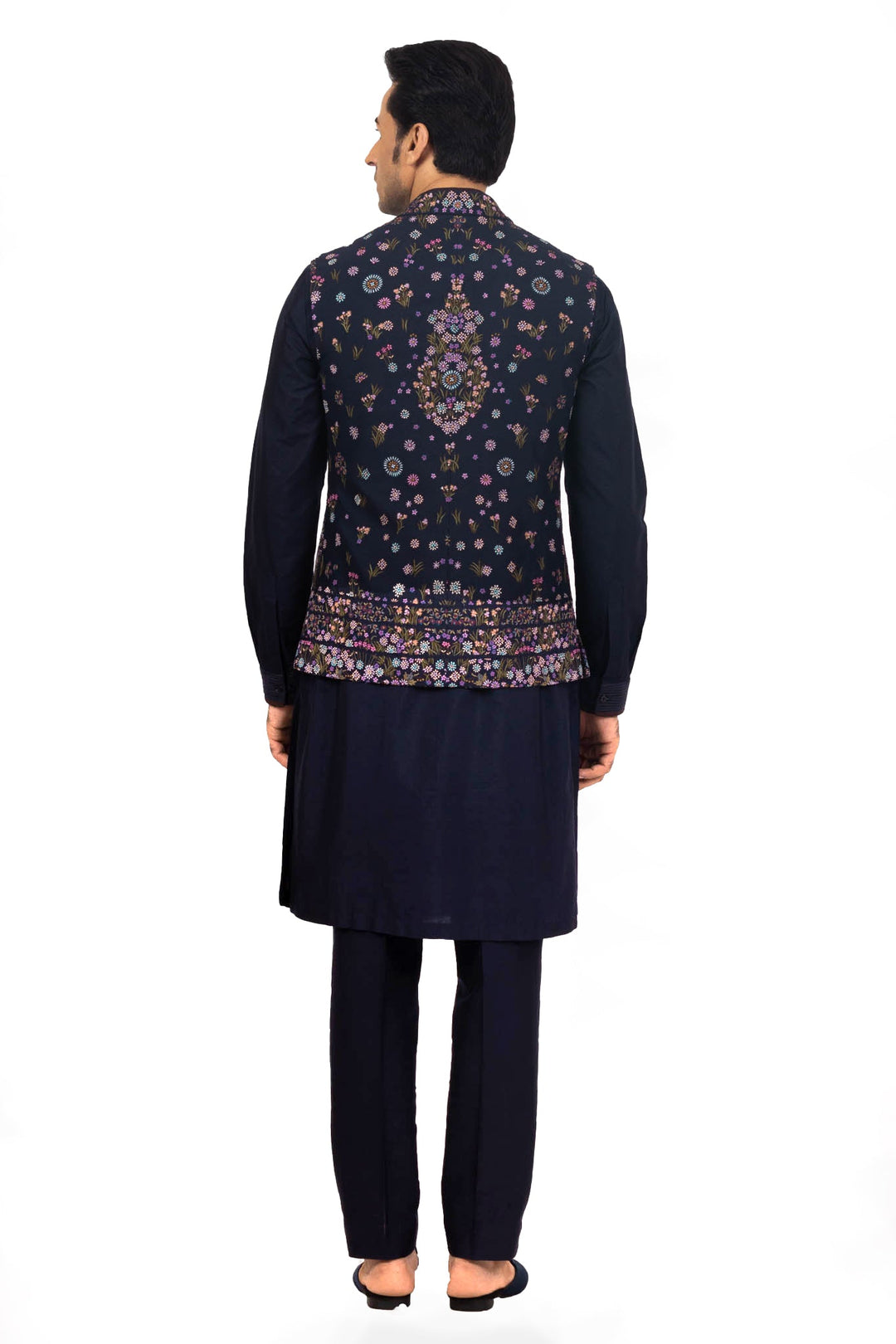 Navy Intricate Multicolored Machine Embroidered Kurta Set