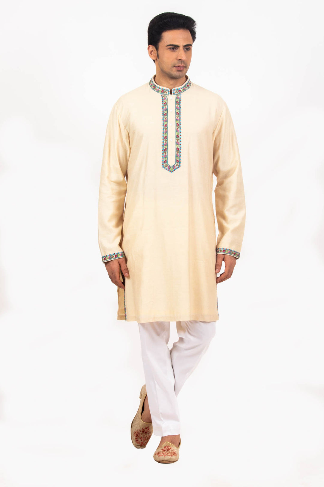 Beige Multicolored Kashmiri Bundi Kurta Set