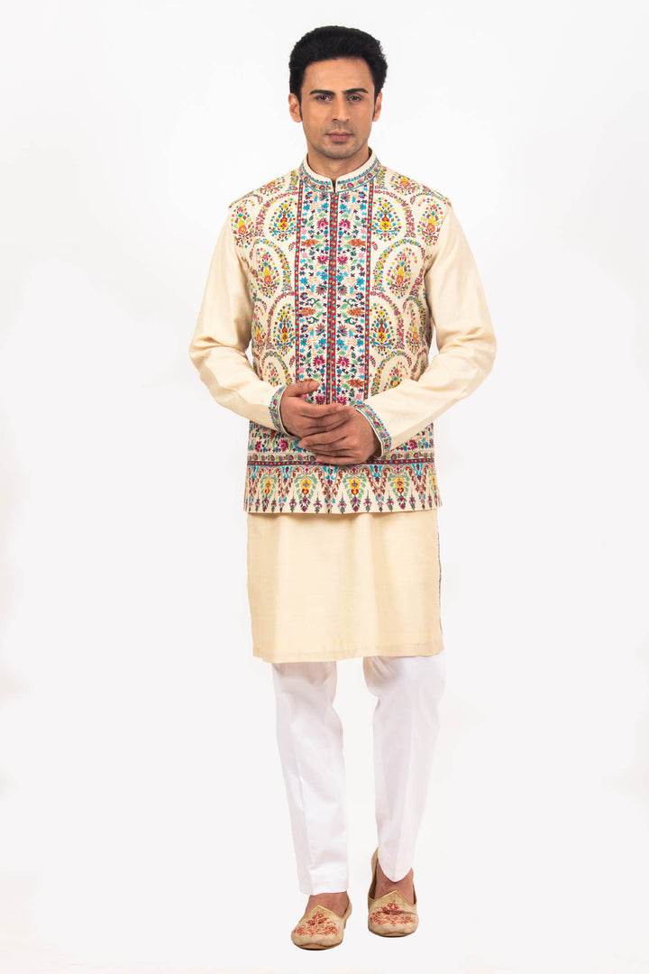 Beige Multicolored Kashmiri Bundi Kurta Set