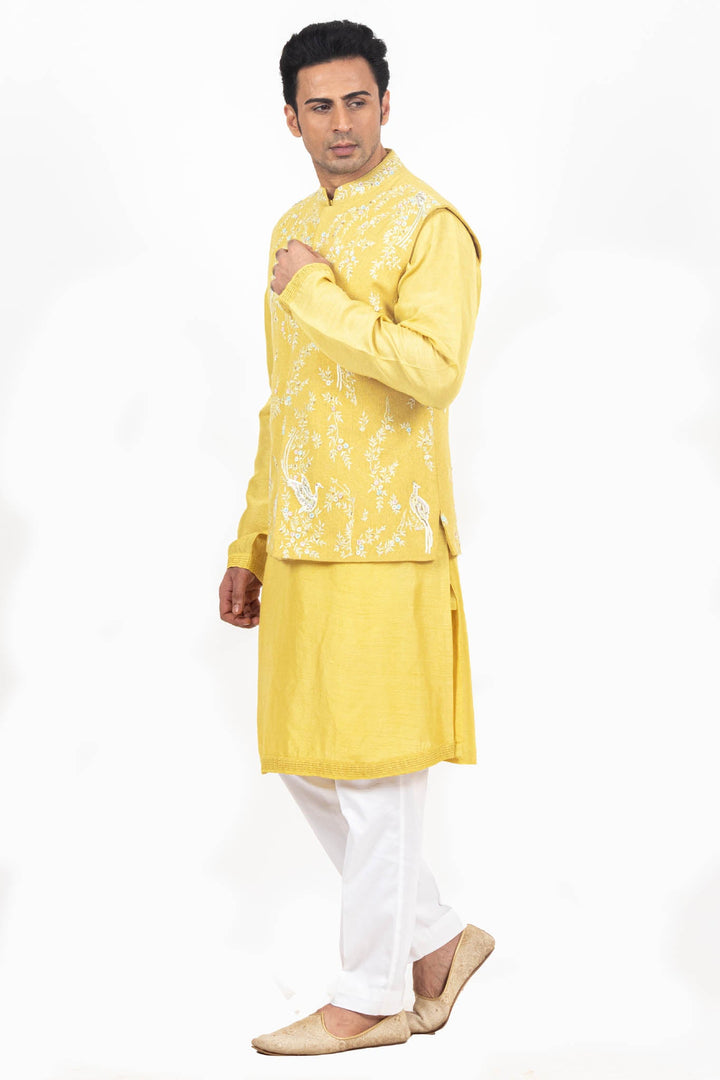 Yellow Floral Embroidered Bundi Kurta Set