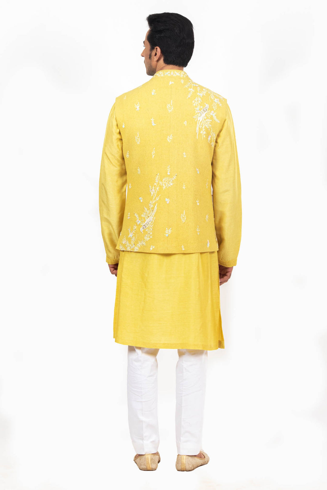 Yellow Floral Embroidered Bundi Kurta Set