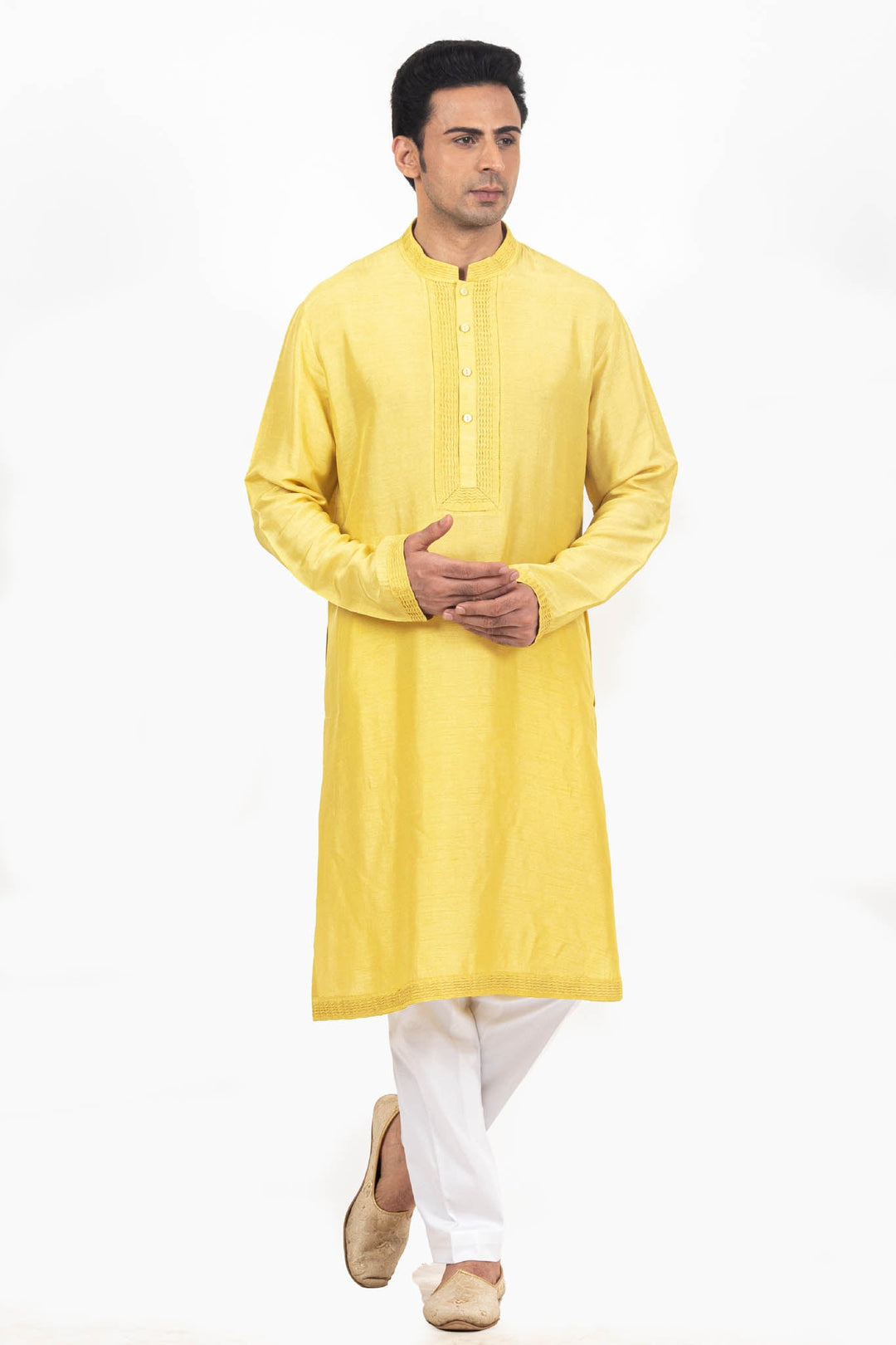 Yellow Floral Embroidered Bundi Kurta Set