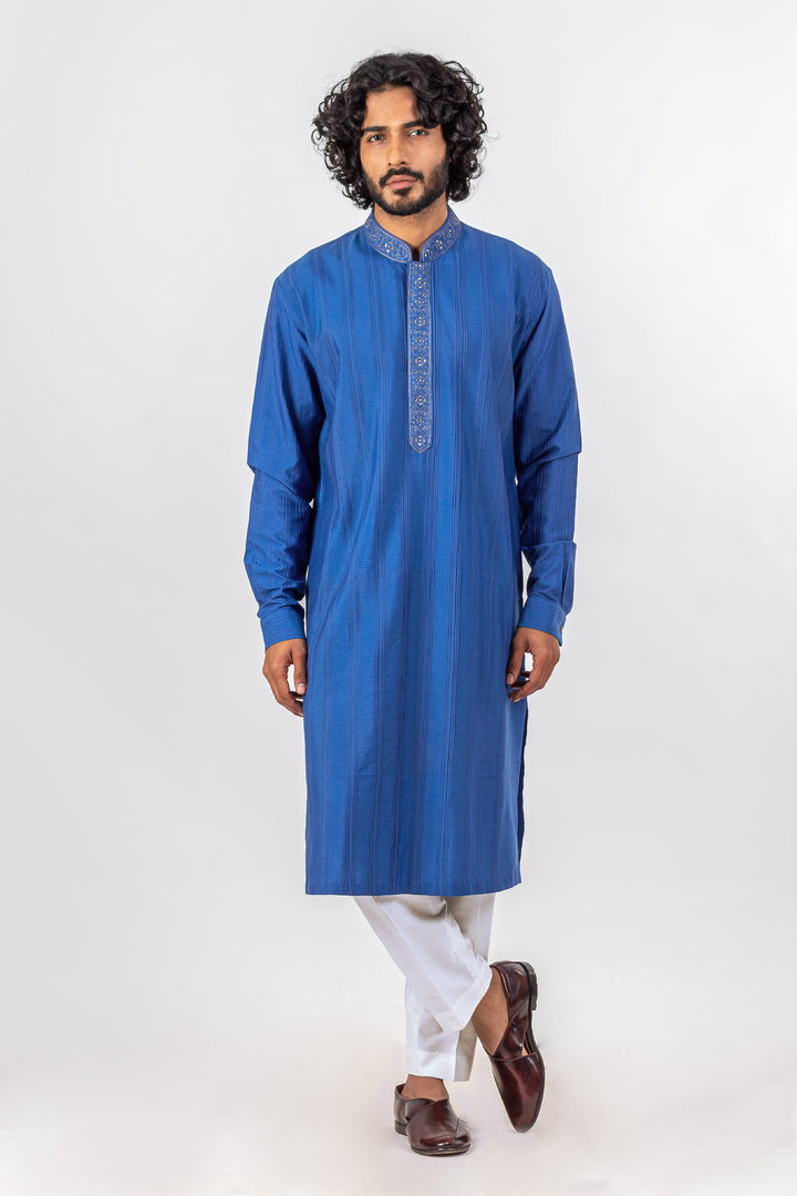 BLUE PANNEL PINTUCK WITH EMBROIDERED PLACKET KURTA (only kurta)