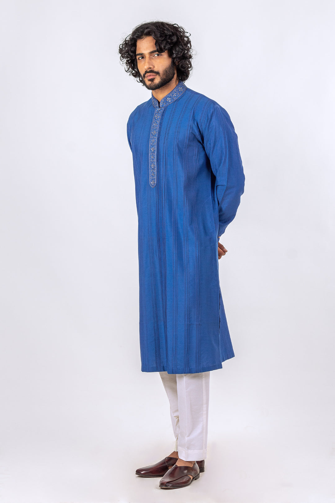 BLUE PANNEL PINTUCK WITH EMBROIDERED PLACKET KURTA (only kurta)