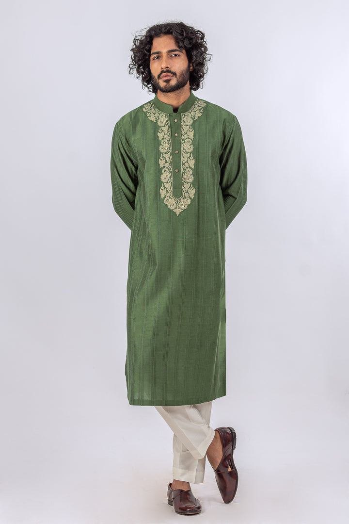 MEHENDI GREEN ALL OVER PANNEL PINTICK WITH KIRAN DORI NECKLINE KURTA (only kurta)