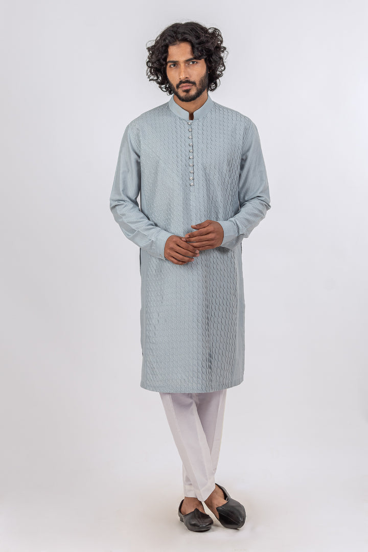 GRAYISH BLUE ALLOVER MOON PINTUCK WITH LOOP BUTTON KURTA (only kurta)