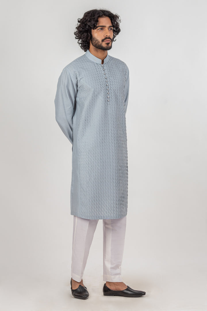 GRAYISH BLUE ALLOVER MOON PINTUCK WITH LOOP BUTTON KURTA (only kurta)