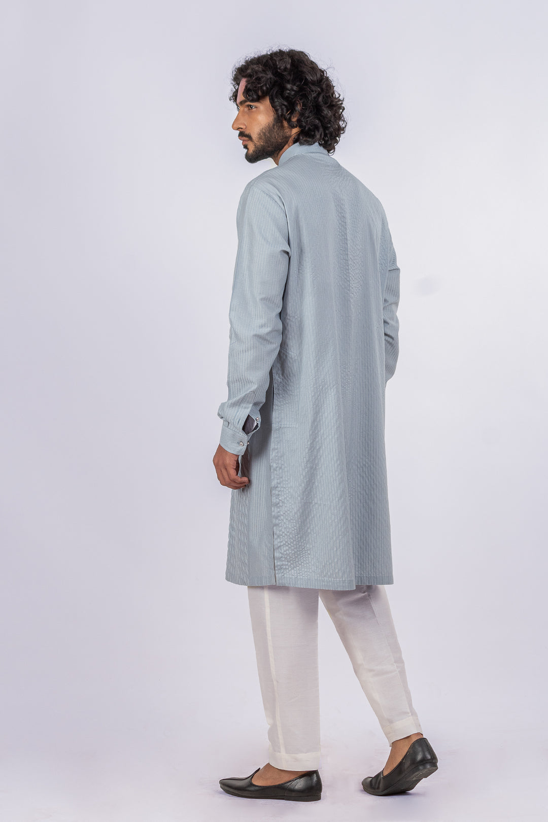 GRAYISH BLUE ALLOVER MOON PINTUCK WITH LOOP BUTTON KURTA (only kurta)