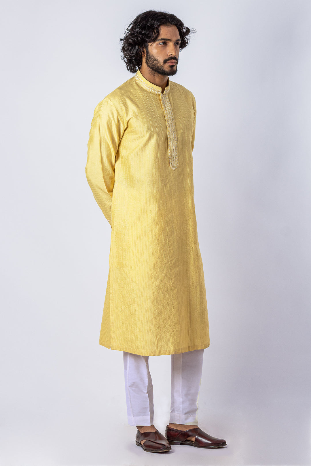 LIGHT YELLOW ALLOVER STITCHLINE WITH THREAD & ZARI WITH NECKLINE KURTA (only kurta)