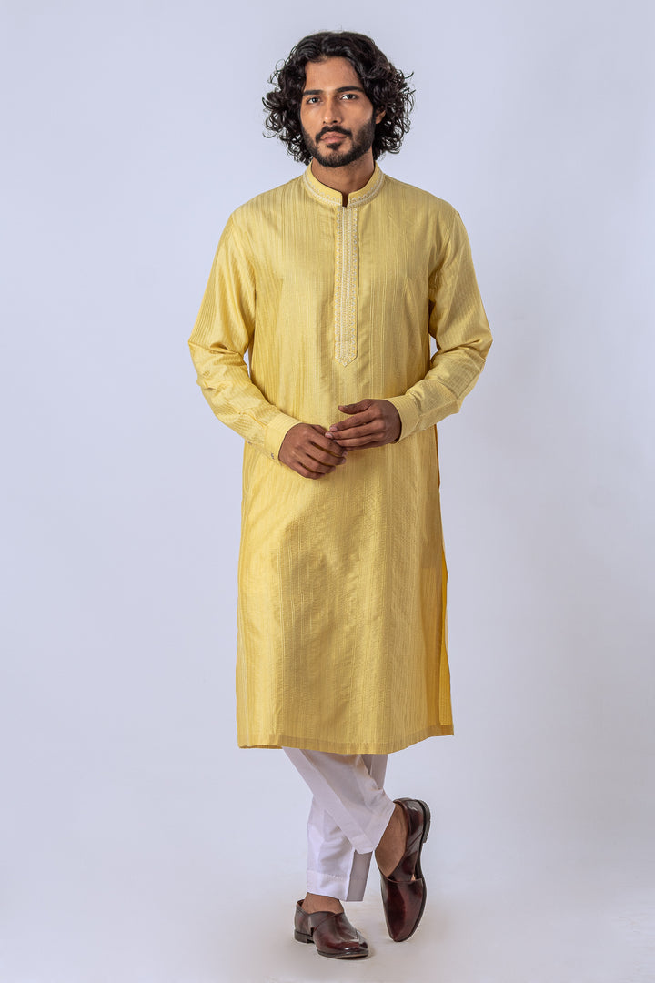 LIGHT YELLOW ALLOVER STITCHLINE WITH THREAD & ZARI WITH NECKLINE KURTA (only kurta)