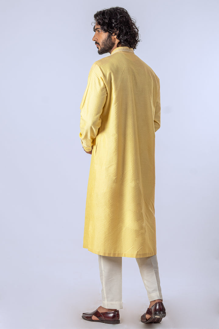 LIGHT YELLOW ALLOVER STITCHLINE WITH THREAD & ZARI WITH NECKLINE KURTA (only kurta)