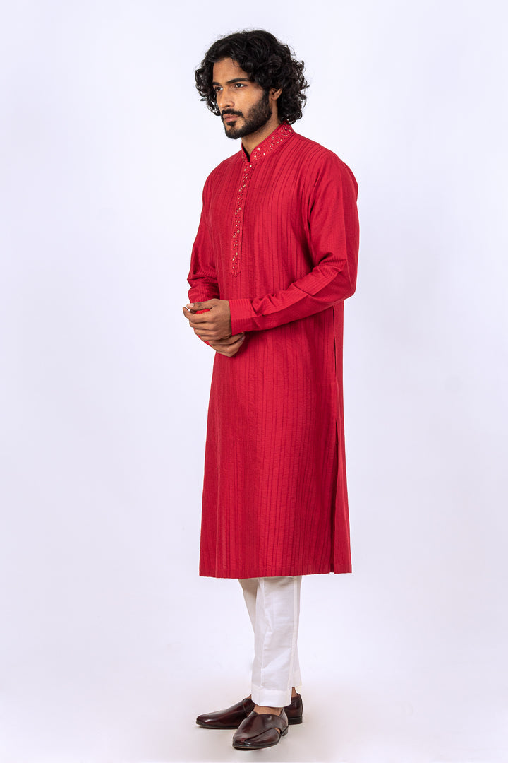 RED ALLOVER PATCH LINE WITH EMBROIDERED PLACKET KURTA (only kurta)