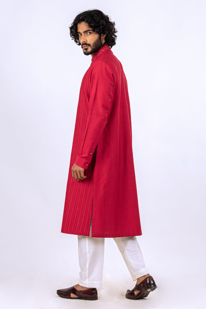 RED ALLOVER PATCH LINE WITH EMBROIDERED PLACKET KURTA (only kurta)