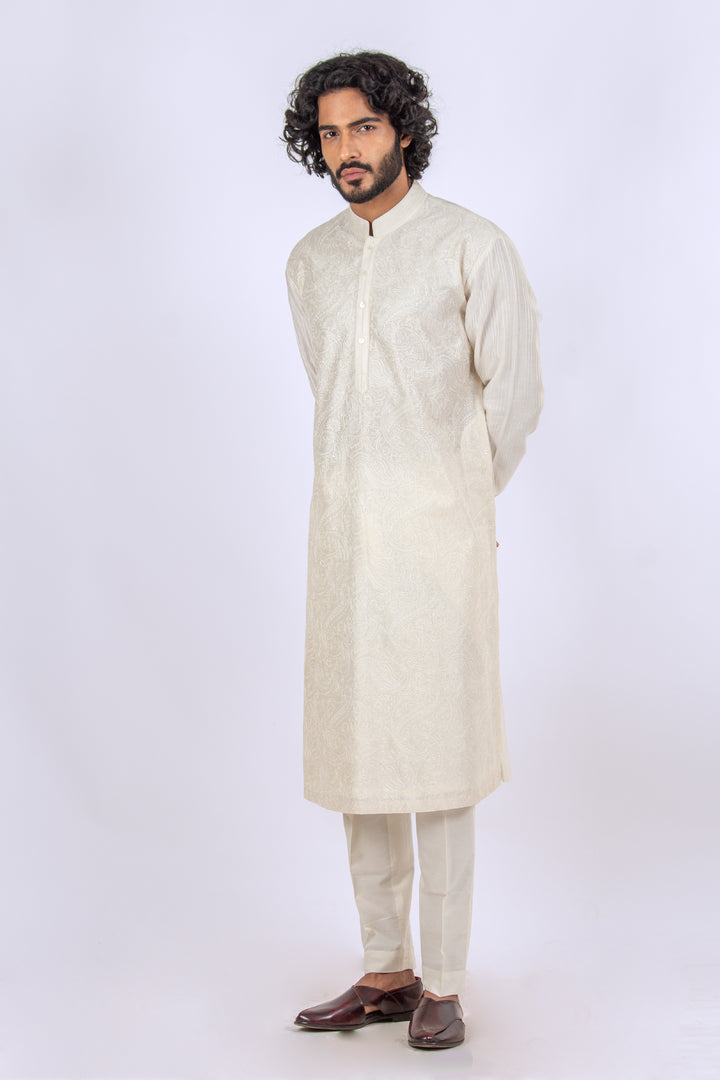 WHITE ALLOVER MACHINE EMBROIDERY KURTA (only kurta)