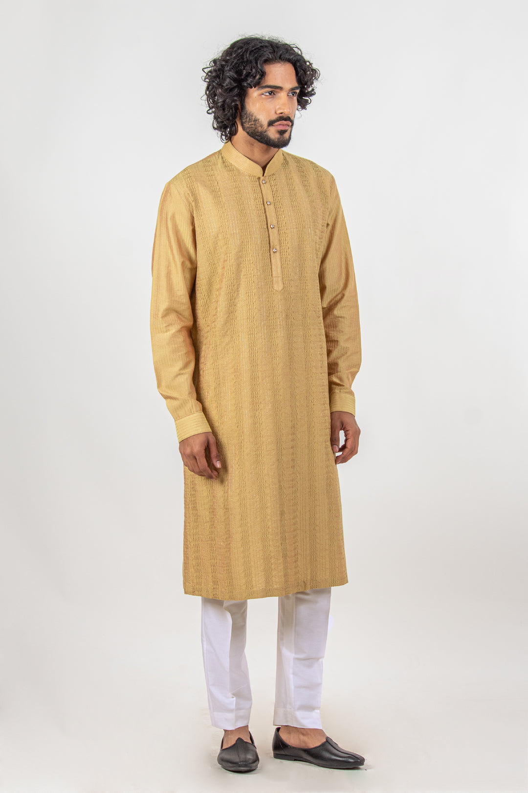 GOLDEN INVERTED PINTUCK WITH ZARI LINE KURTA (only kurta)