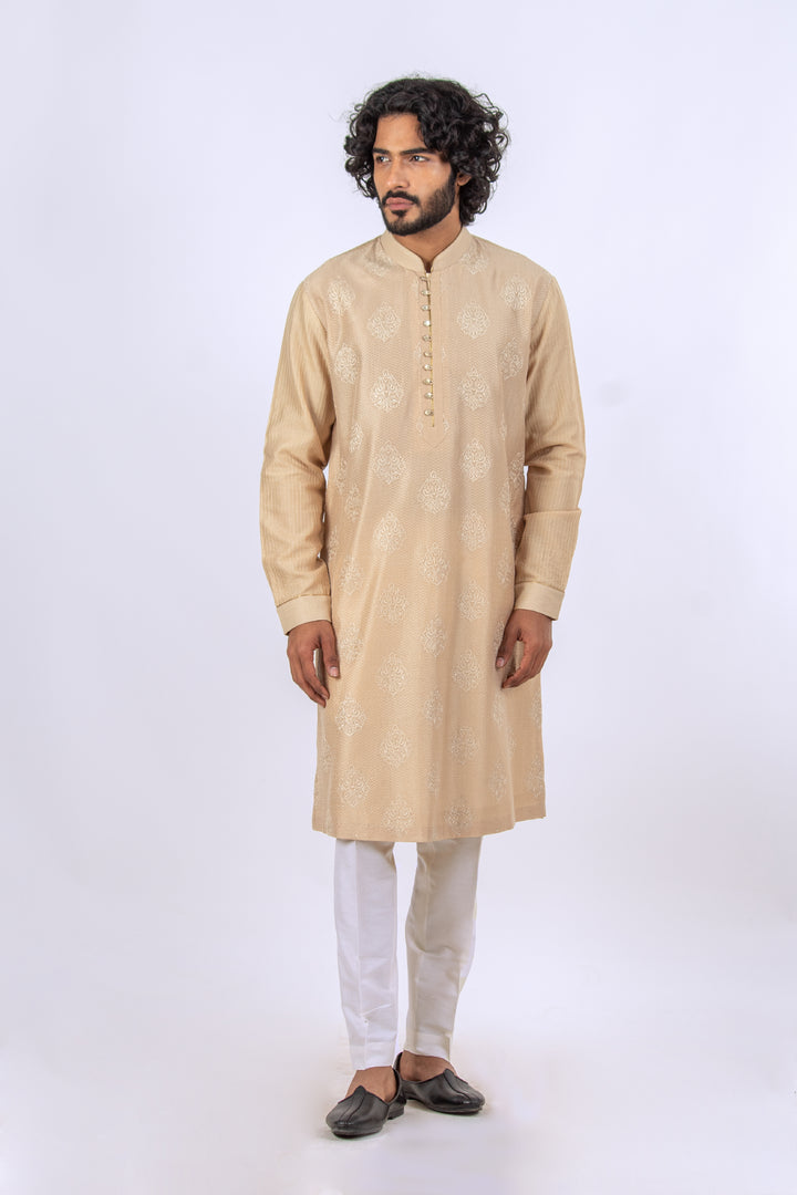 BEIGE ALLOVER MACHINE EMBROIDERY KURTA (only kurta)