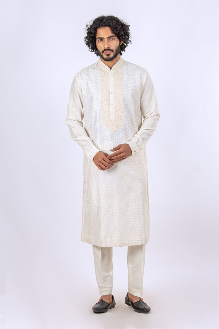 WHITE ALLOVER MACHINE EMBROIDERY KURTA (only kurta)