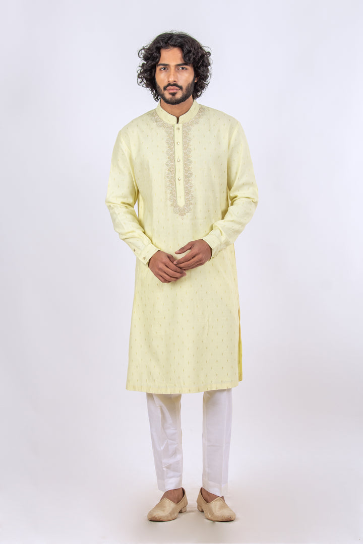 LEMON YELLOW JACQUARD EMBROIDERED NECKLINE KURTA (only kurta)