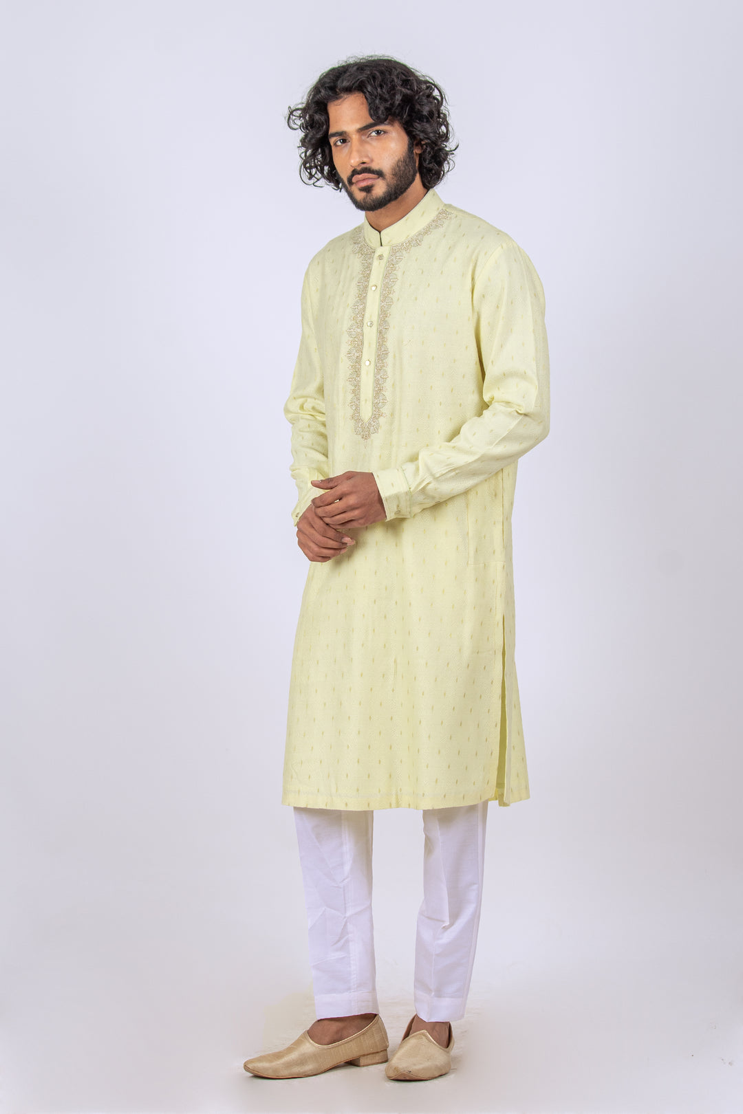 LEMON YELLOW JACQUARD EMBROIDERED NECKLINE KURTA (only kurta)