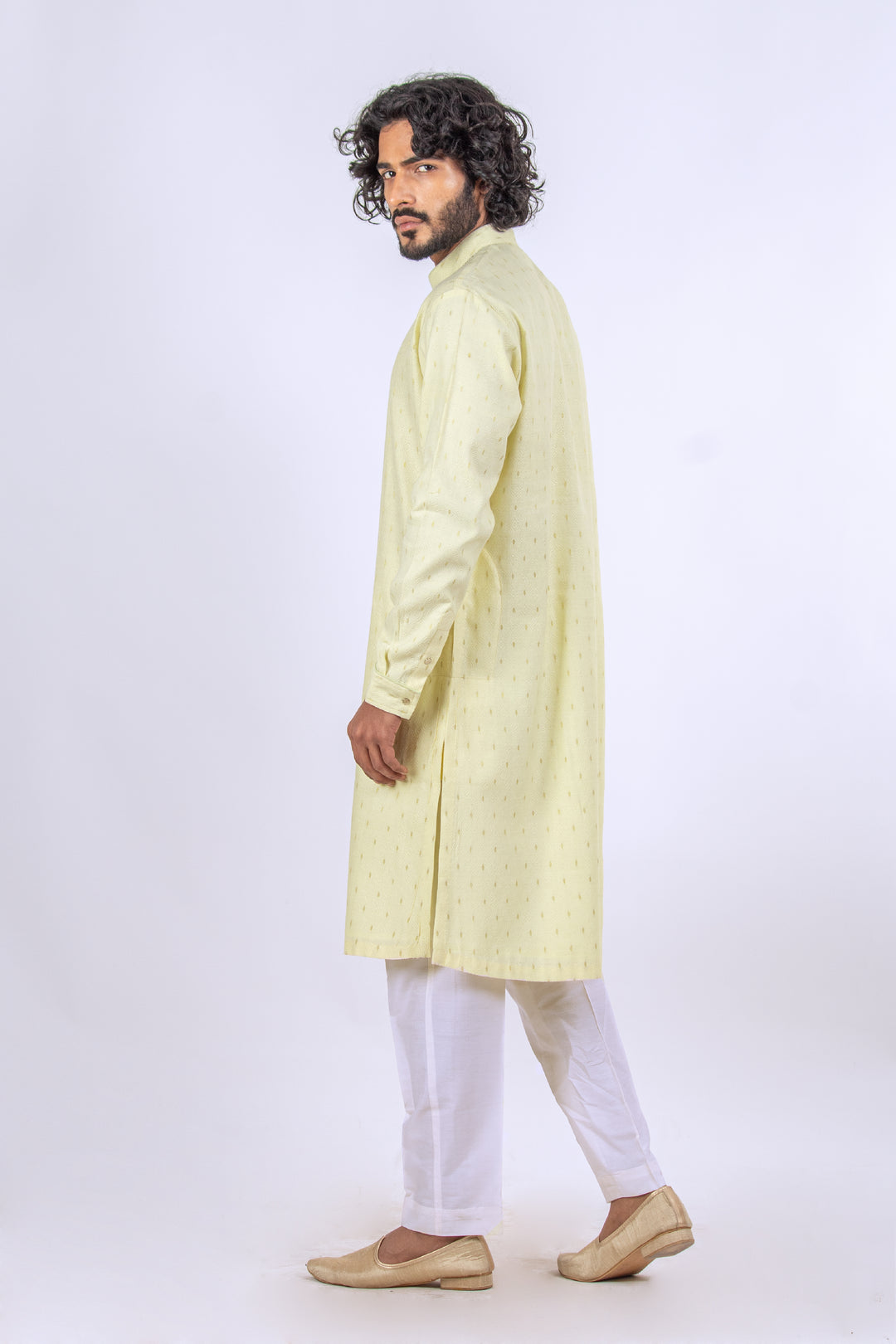 LEMON YELLOW JACQUARD EMBROIDERED NECKLINE KURTA (only kurta)