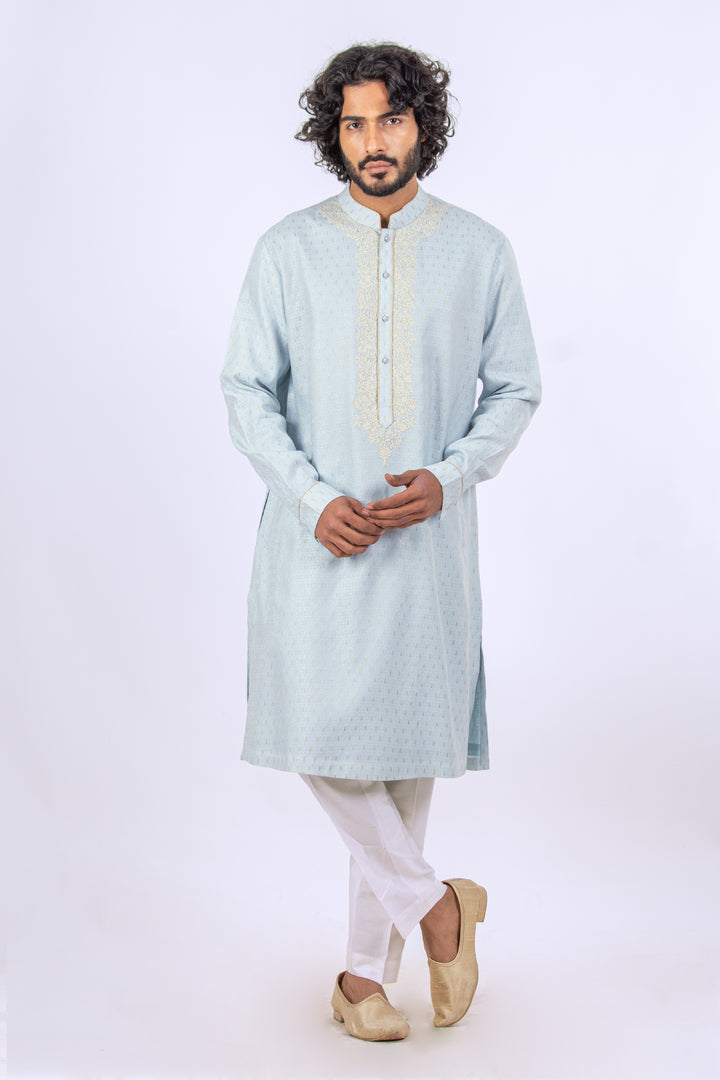 POWDER BLUE KIRAN DORI EMBROIDERED NECKLINE KURTA (only kurta)