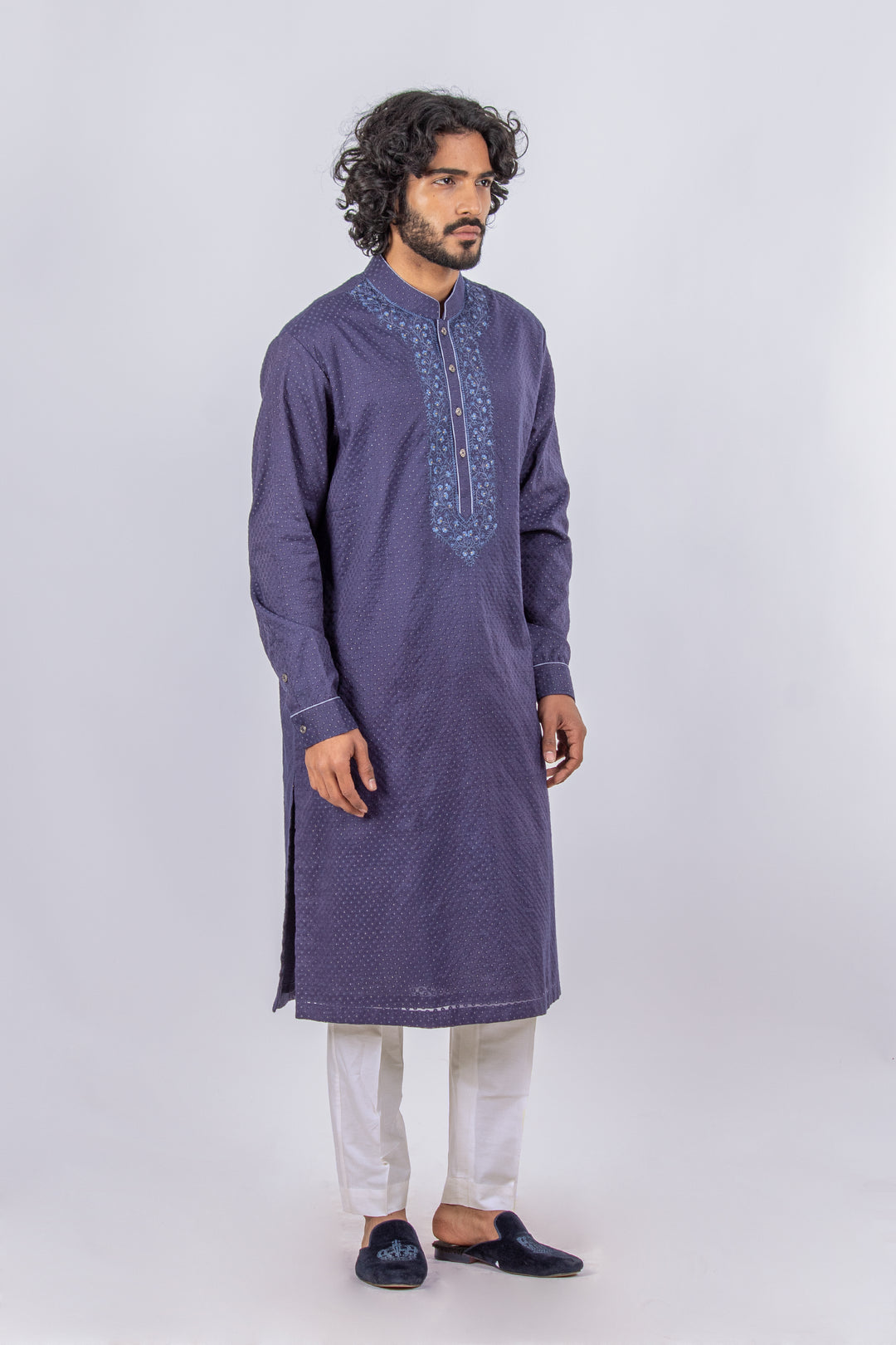 NAVY BLUE MACHINE EMBROIDERED NECKLINE KURTA (only kurta)