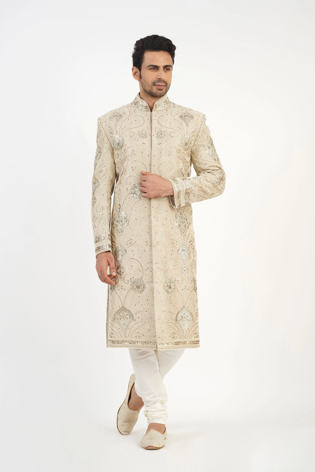 Light Beige Pearl Embroidered Sherwani Set