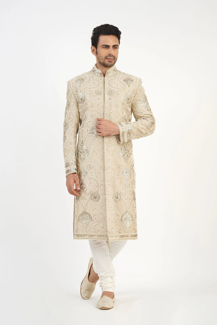 Light Beige Pearl Embroidered Sherwani Set