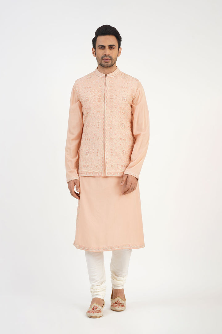 Peach Geometric Embroidered Bundi Kurta Set