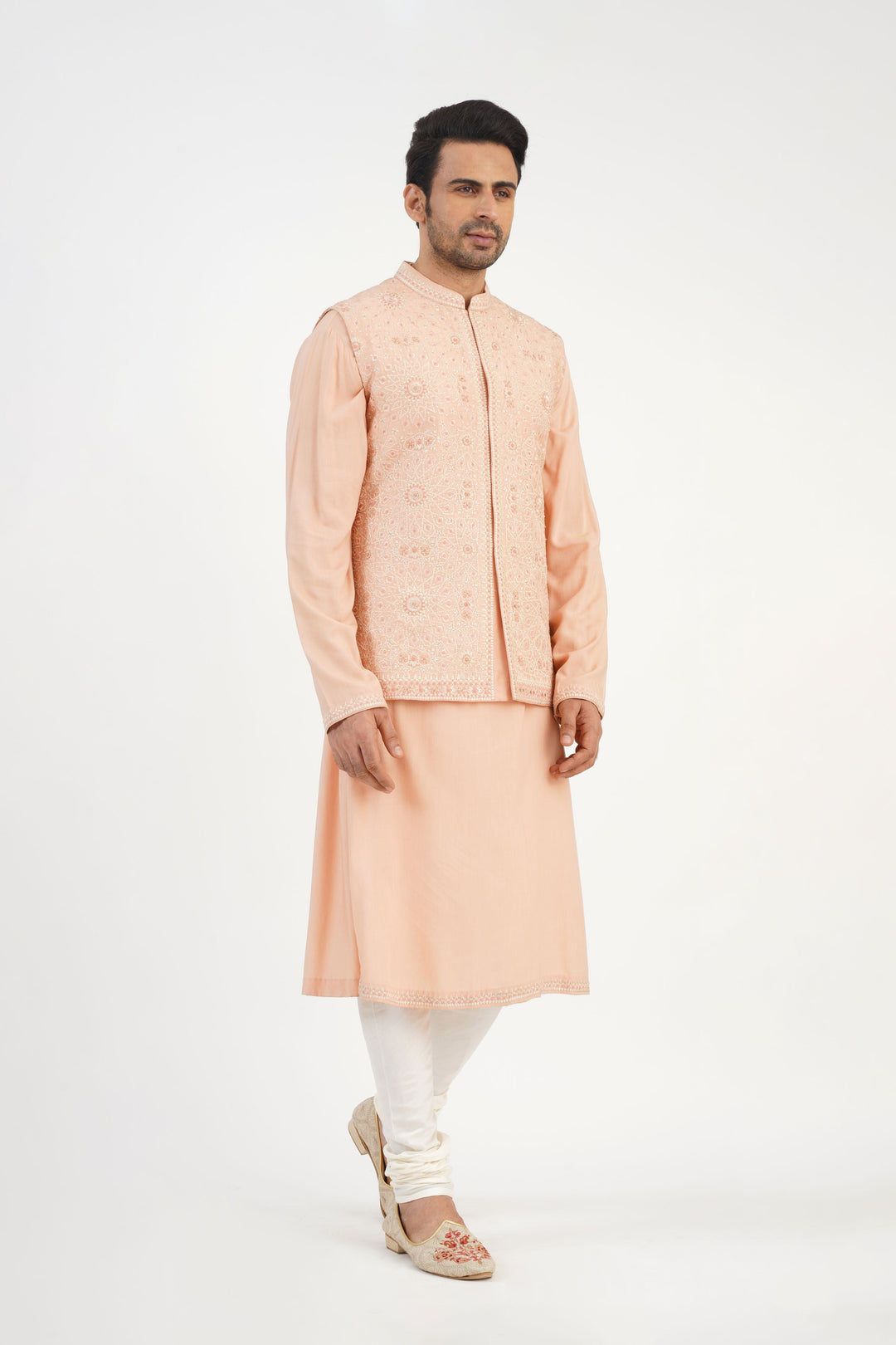 Peach Geometric Embroidered Bundi Kurta Set