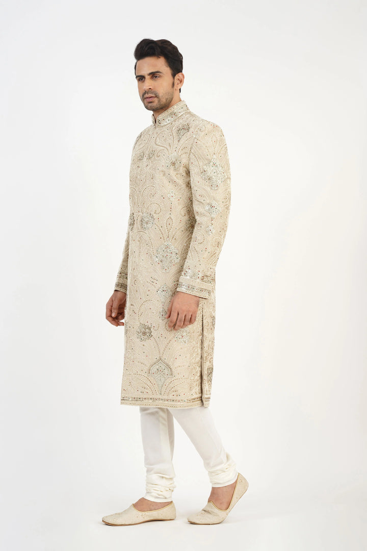 Light Beige Pearl Embroidered Sherwani Set