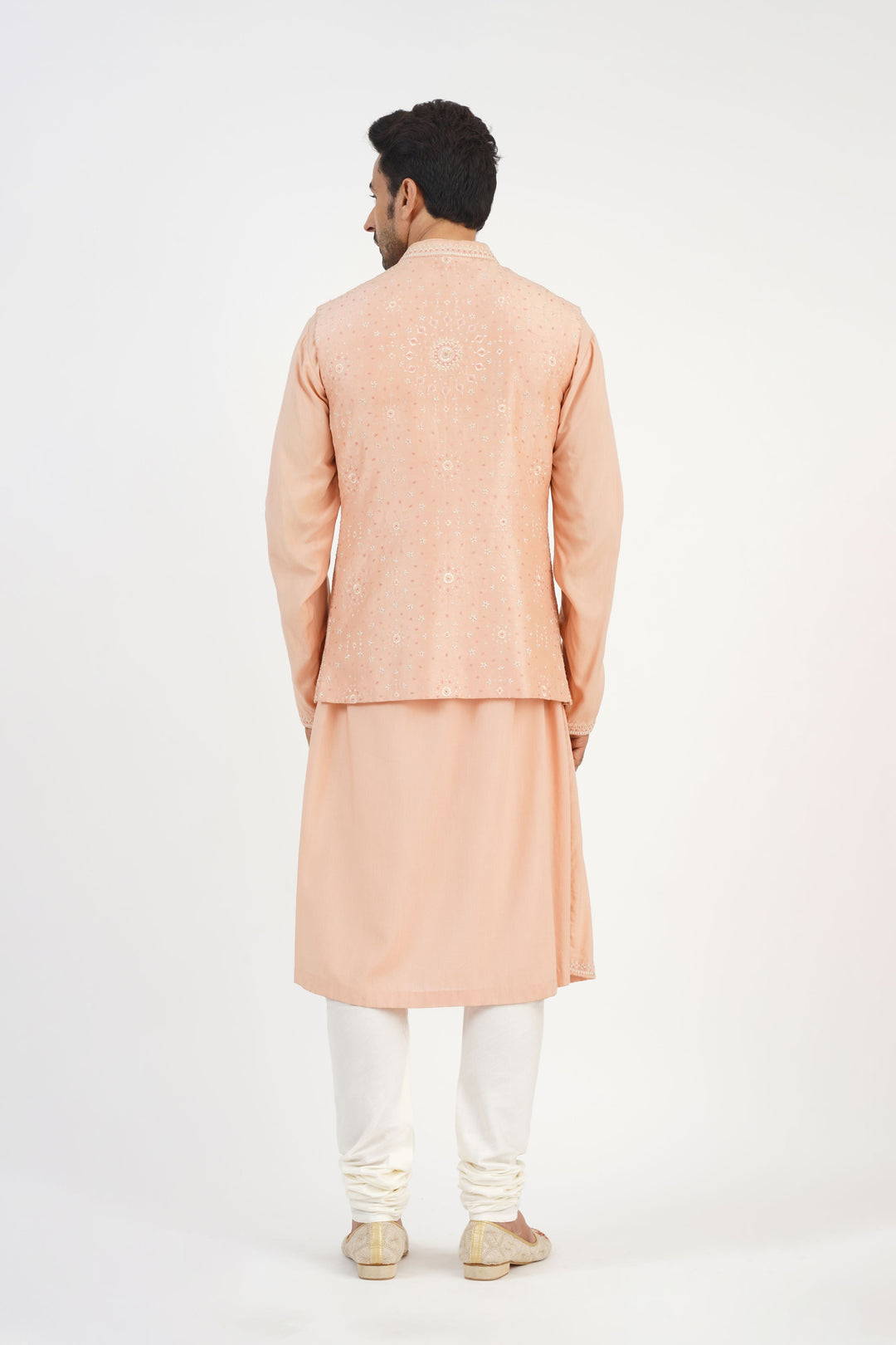 Peach Geometric Embroidered Bundi Kurta Set