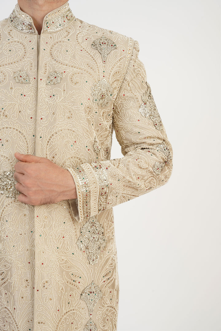 Light Beige Pearl Embroidered Sherwani Set