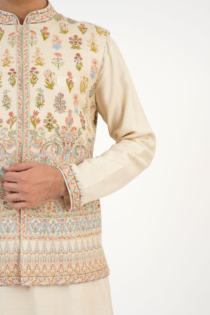 Beige Multicoloured Embroidered Bundi Kurta Set