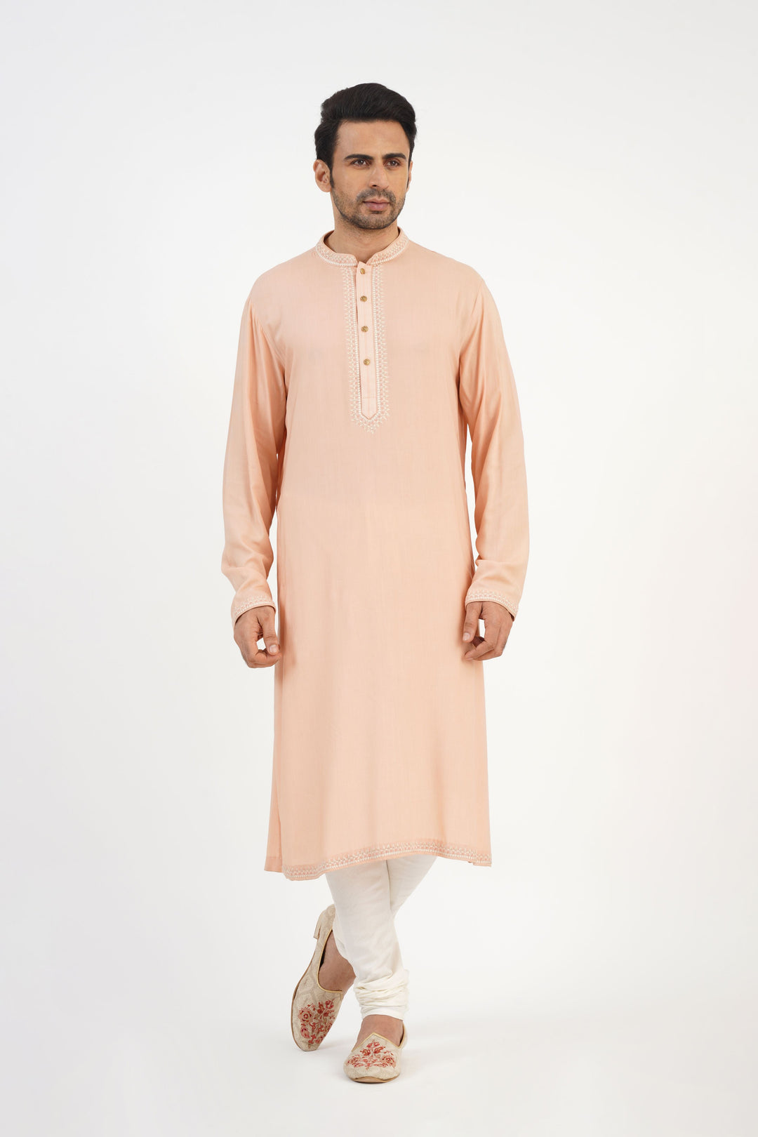 Peach Geometric Embroidered Bundi Kurta Set