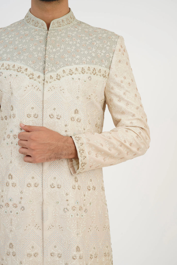 Light Beige Aari Embroidery and hand highlighted Sherwani