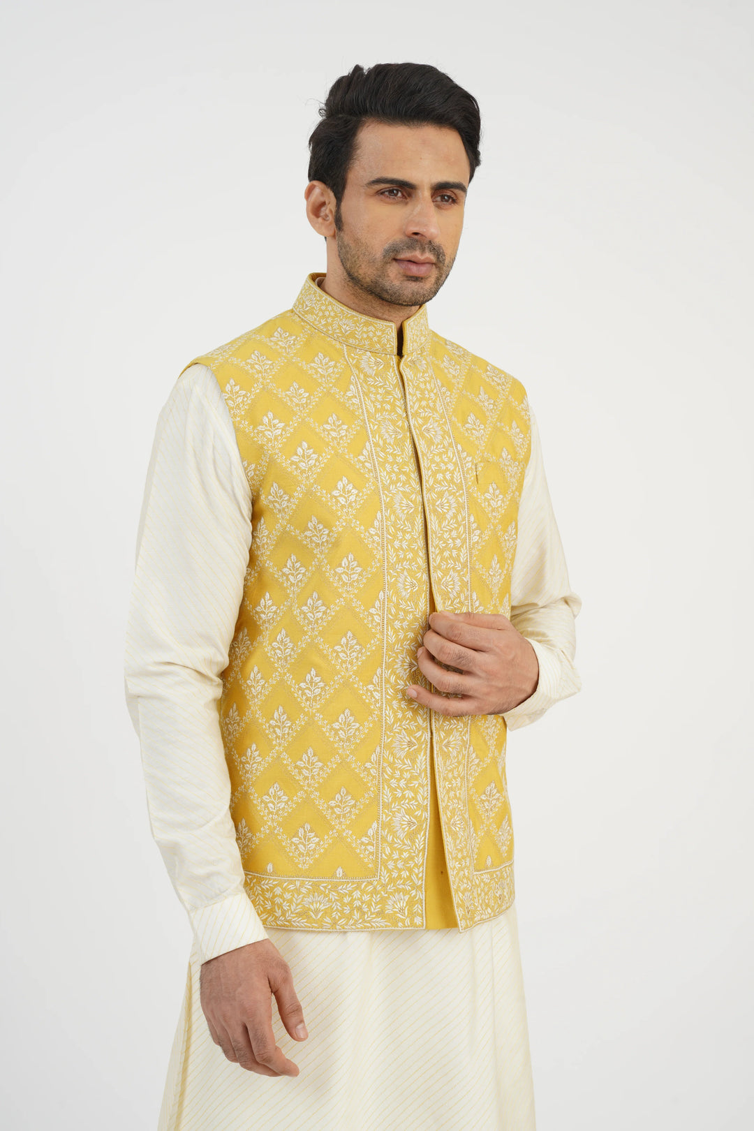 Yellow Embroidered Bundi Kurta Set