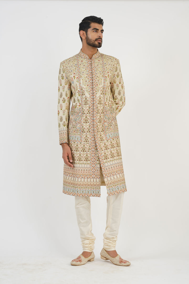 Beige Colourful Embroidered Sherwani Set