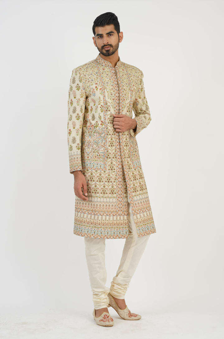 Beige Colourful Embroidered Sherwani Set