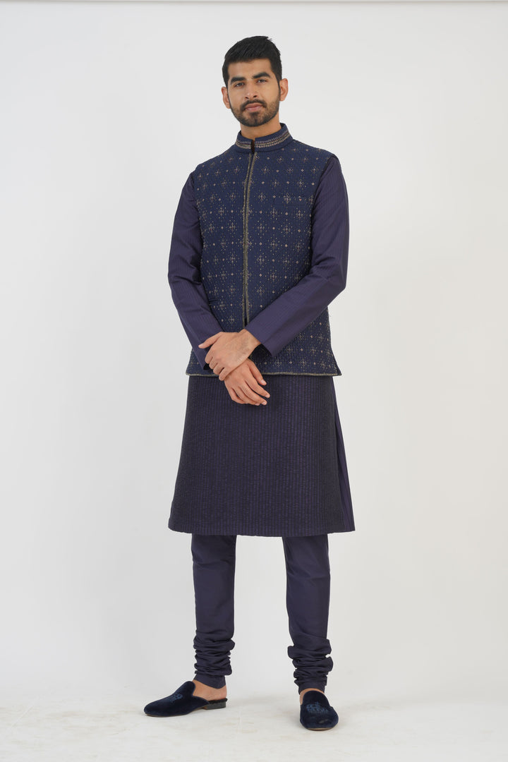 Navy Embroidered Bundi Kurta Set