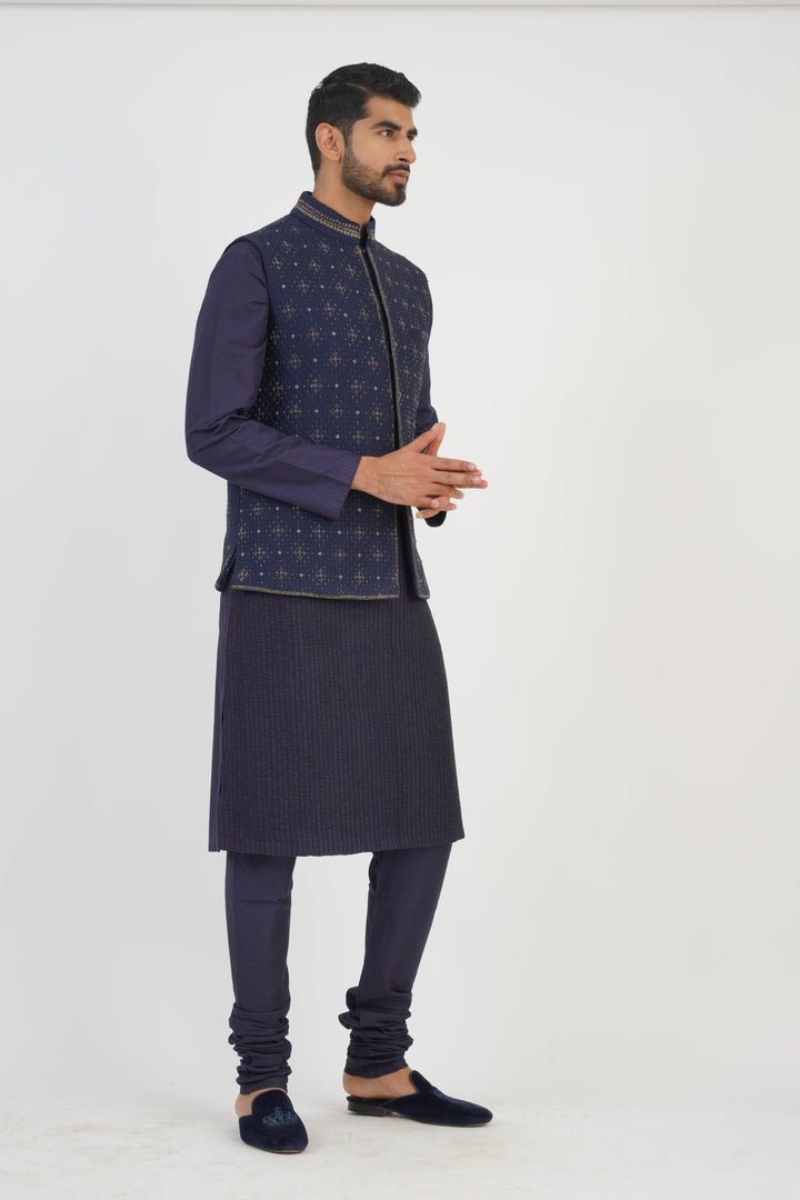 Navy Embroidered Bundi Kurta Set