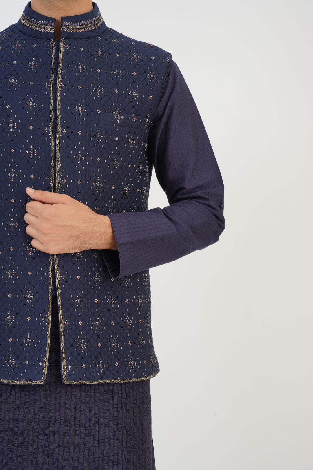 Navy Embroidered Bundi Kurta Set