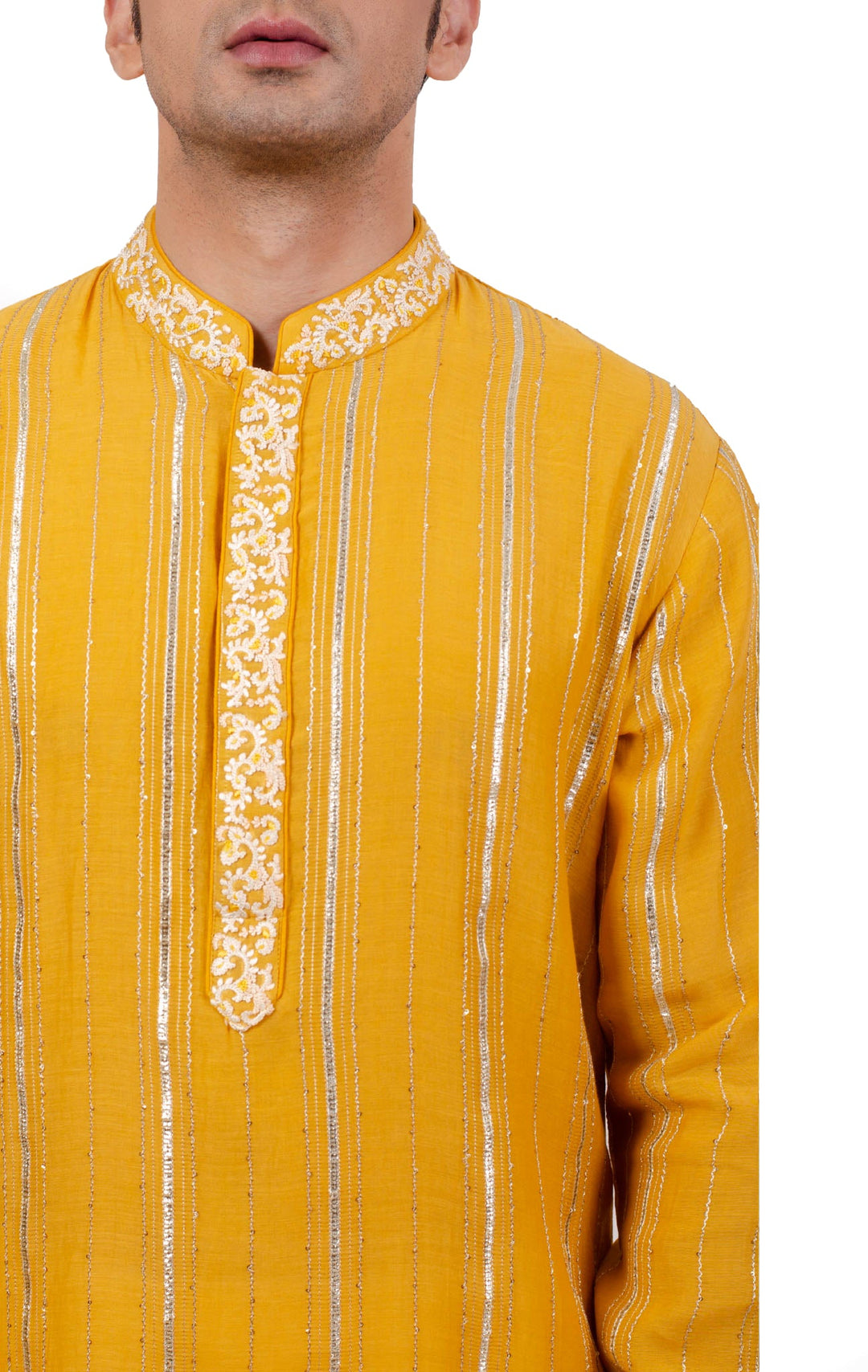 Yellow Kurta set With Intricate Hand Embroidered Collar And Placket