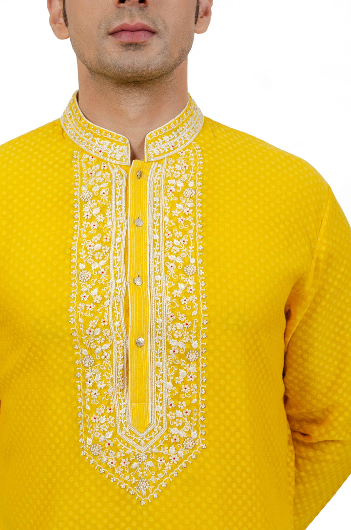 Bright Yellow Benarsi Booti Kurta with Intricate Hand Embroidered Neckline