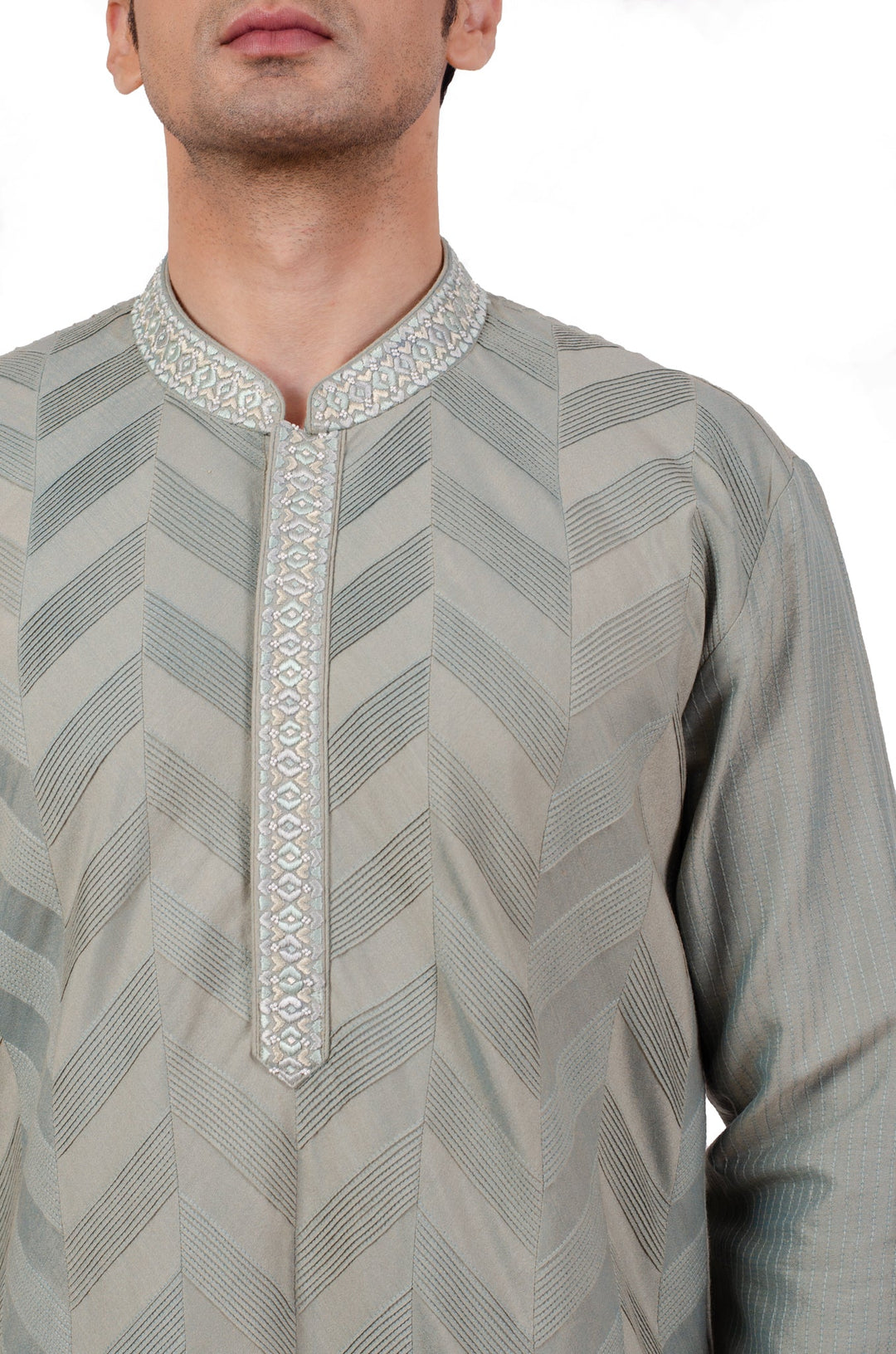 Greyish Green Pintuck Kurta with Hand-embroidered Collar And Placket