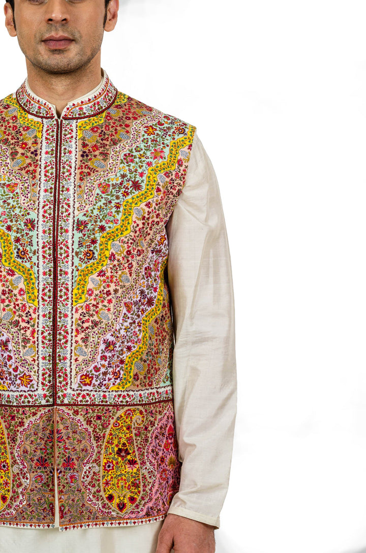 Beige colorful intricate Kashmiri Bundi Kurta Set